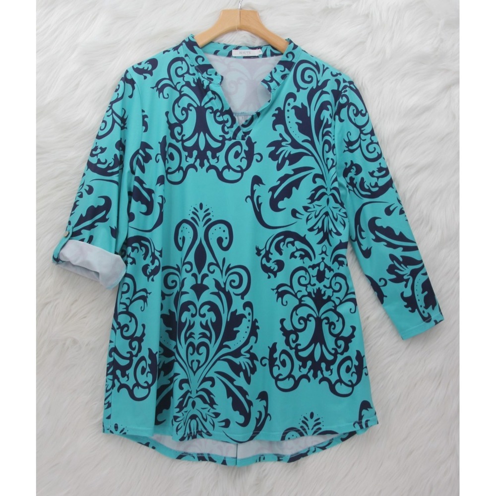 Haute Edition Aqua Navy Blue Women's L designer Tunic Top Roll Tab Damask Preppy